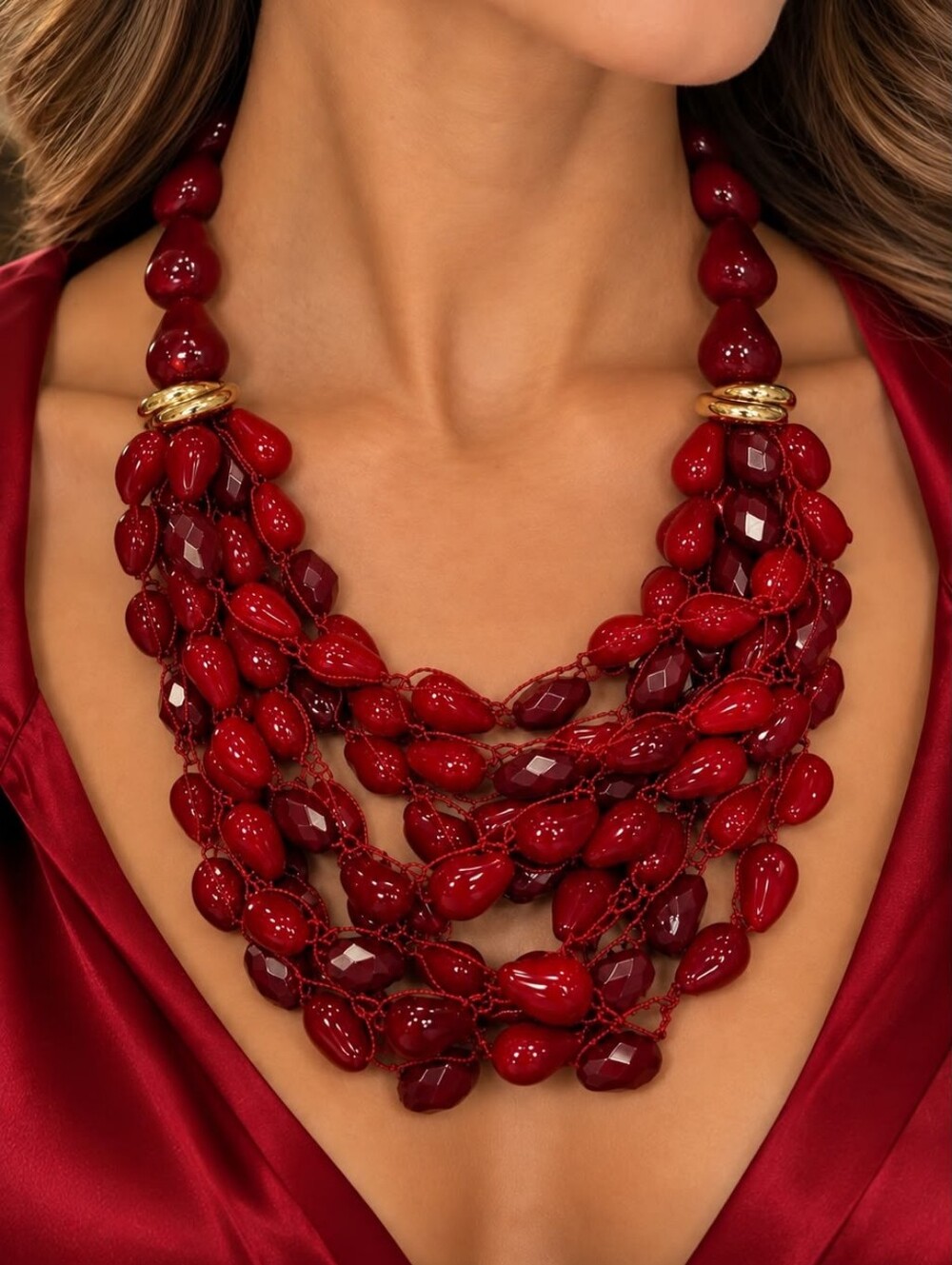 A5 Red Multi-Strand Beaded Necklace by
